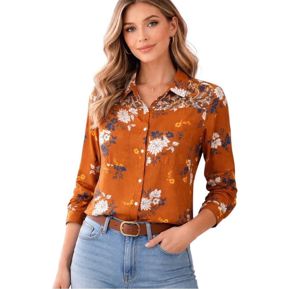 Figueroa & Flower Boho Floral Button Down Tunic Blouse Womens XL